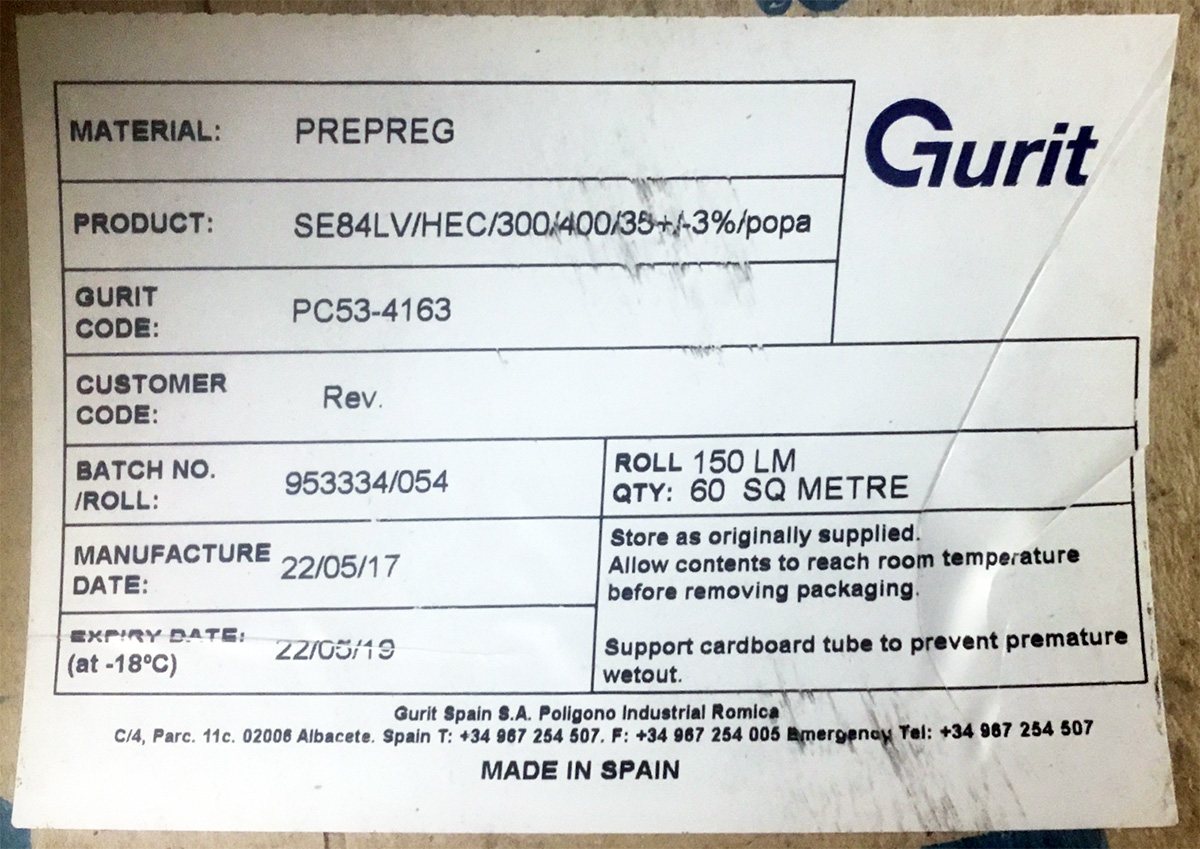 Gurit prepreg tag showing material type and batch numbers and dates
